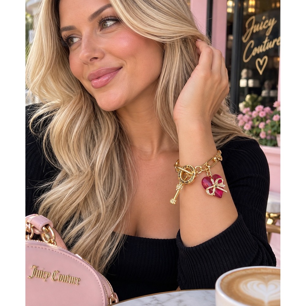 Juicy Couture Pink Stone Heart Bow Toggle Bracelet Gold Tone BH00484YFPL-75 XR